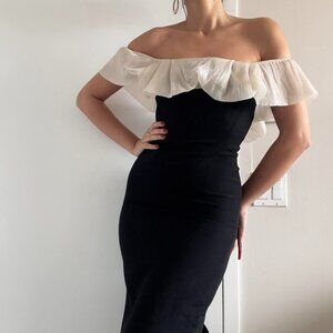 Vintage | Off Shoulder Cream Muslin Drape Black Midi Cocktail Dress | Size M